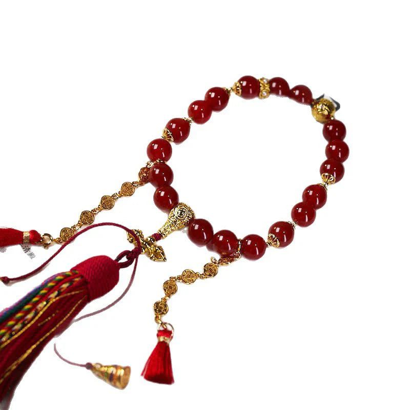 Buddha Stones 18 Beads Copper Coins Tibet Tassel Red Agate Calm Wrist Mala