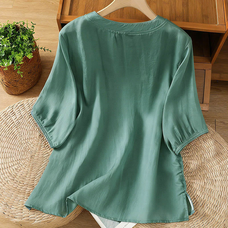 Buddha Stones Frog-button Stand Collar Embroidered Flower Elastic Cuff Three Quarter Sleeve Women's Shirt