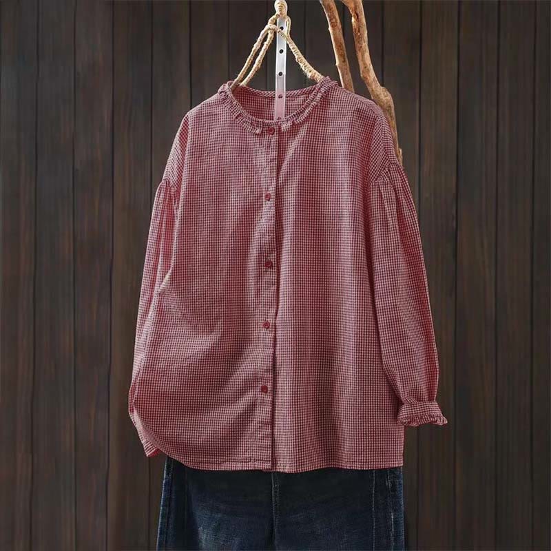 Buddha Stones Spring Small Plaid Buttons Down Long Sleeve Women's Cotton Shirt
