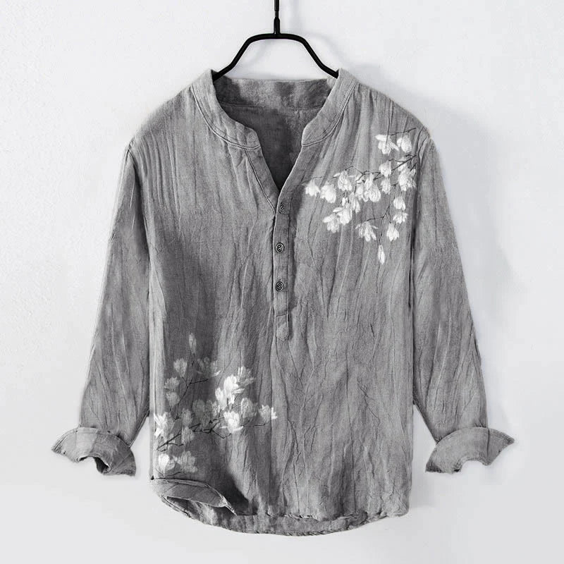 Buddha Stones Magnolia Flowers Branches Pattern Half Buttons Men's Cotton Linen Long Sleeve Shirt