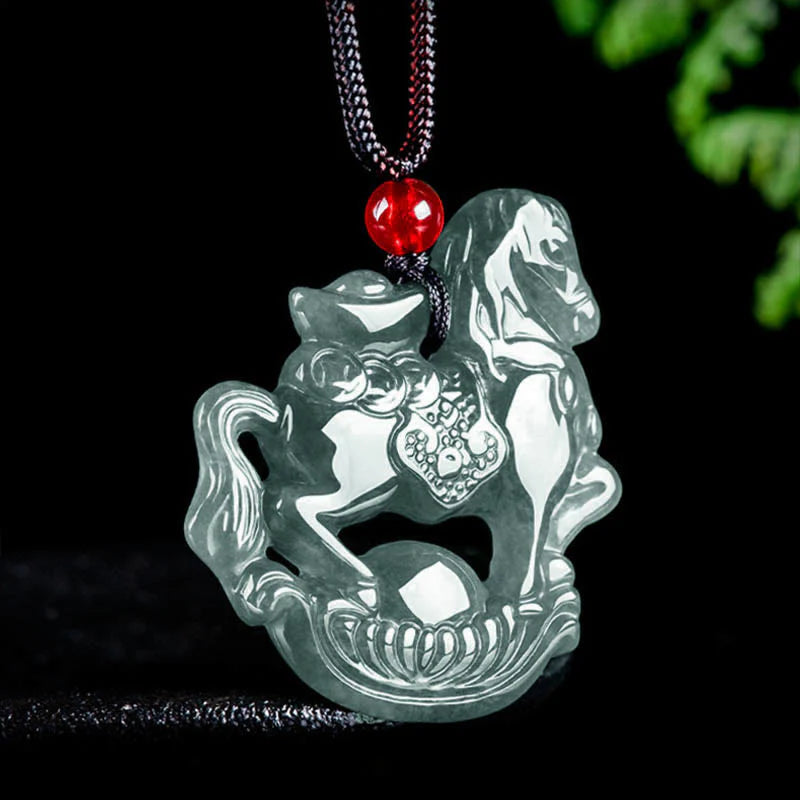 Buddha Stones Year of the Horse Jade Ingot Luck Prosperity Rope Necklace Pendant