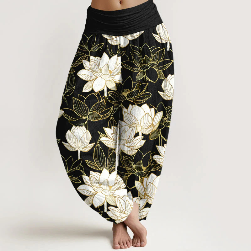 Buddha Stones Cotton Elegant Refined Lotus Flower Pattern Women's Elastic Waist Harem Pants