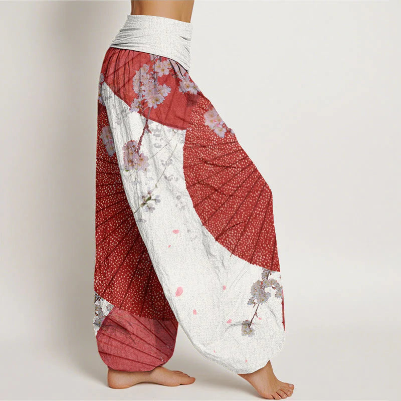 Buddha Stones Cotton Casual Red Oil-paper Umbrella Cherry Blossom Pattern Women's Elastic Waist Harem Pants