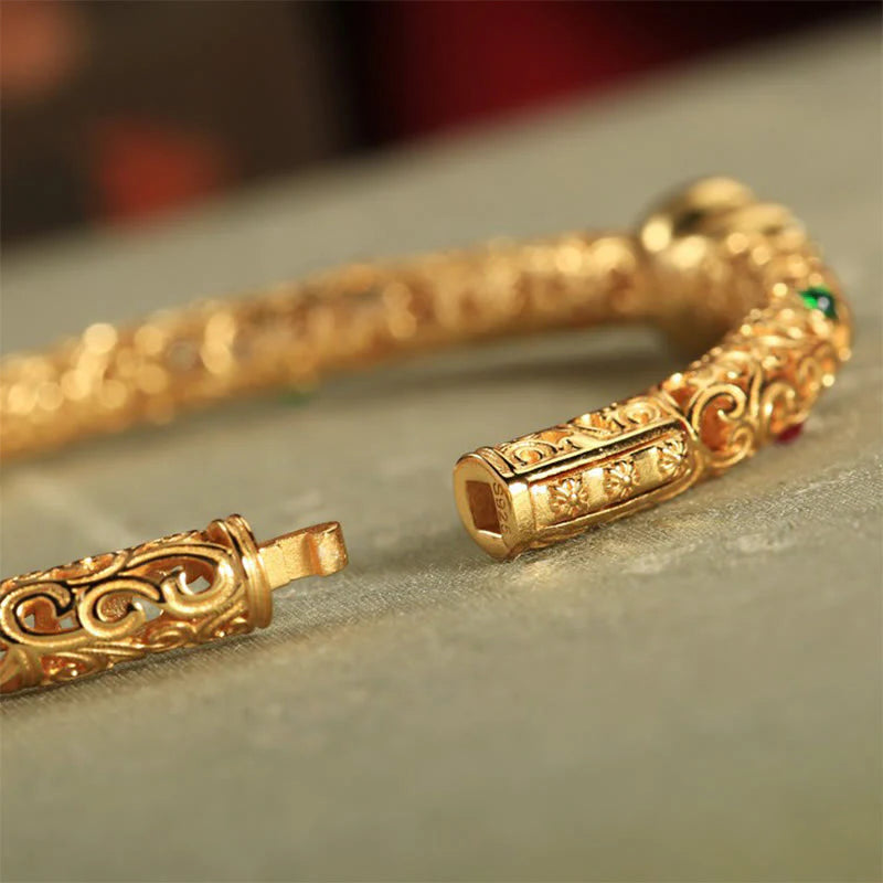 Buddha Stones Cyan Jade Copper Plated Gold Auspicious Clouds Gourd Luck Bracelet Bangle