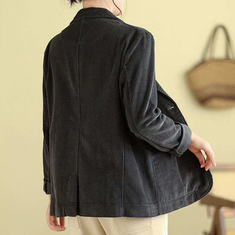 Buddha Stones Retro Plain Women's Long Sleeve Corduroy Jacket With Pockets