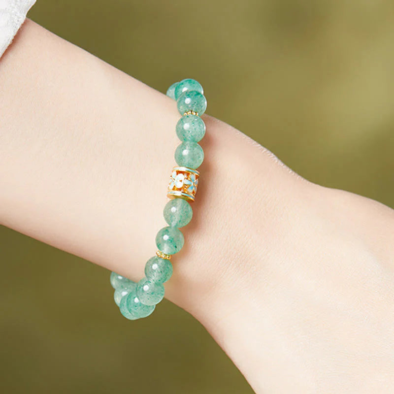 Buddha Stones 925 Sterling Silver Green Strawberry Quartz Flower Calm Bracelet