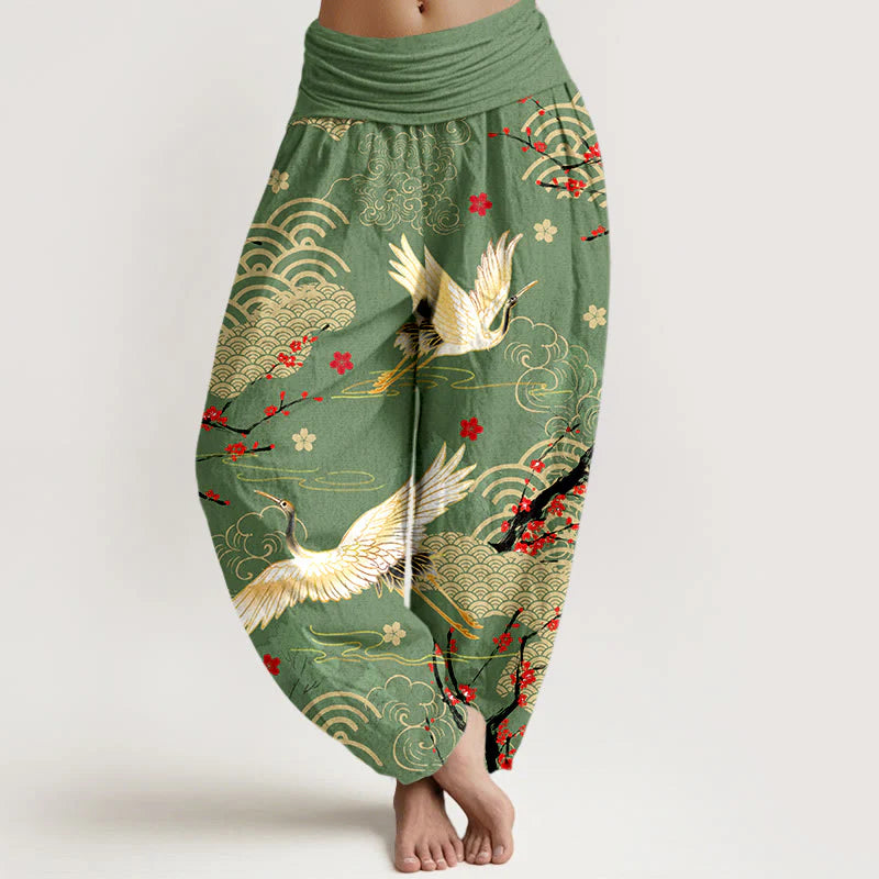 Buddha Stones Print Crane Auspicious Clouds Flowers Pattern Women's Elastic Waist Harem Cotton Pants
