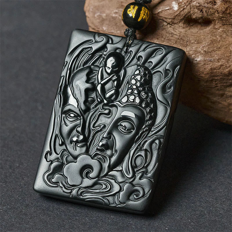 Buddha Stones Half Demon Half Buddha Relief Design Black Obsidian Strength Necklace Pendant