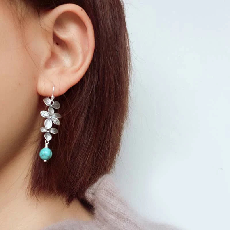 Buddha Stones 925 Sterling Silver Turquoise Lazurite Flower Leaf Serenity Protection Hook Drop Dangle Earrings