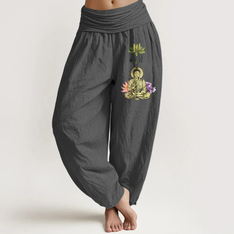 Buddha Stones Pure Cotton Traditional Lotus Buddha Pattern Women's Elastic Waist Harem Pants