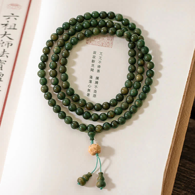 Buddha Stones 108 Mala Beads Green Sandalwood Boxwood Lotus Positive Bracelet (Extra 35% Off | USE CODE: FS35)