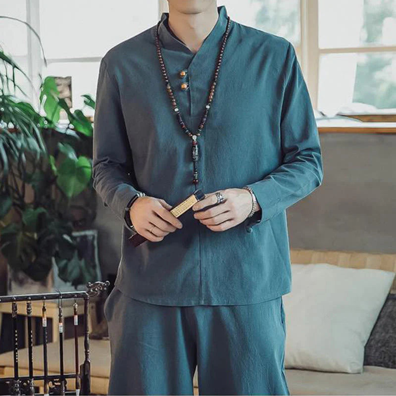 Buddha Stones 2Pcs Shirt Ankle-Length Pants With Pockets Men's Meditation Cloth Set