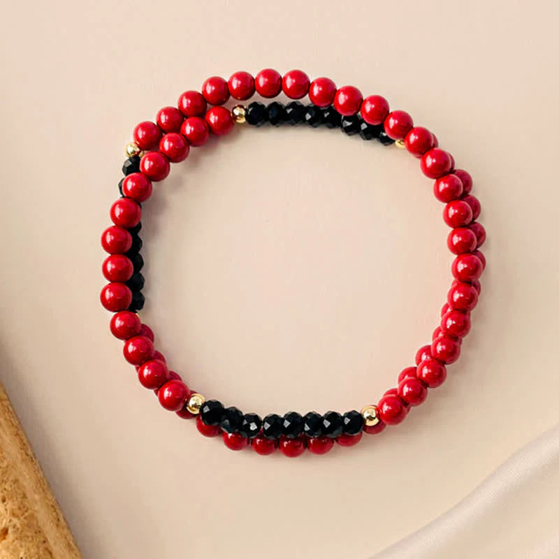 Buddha Stones 4mm Double Wrap Cinnabar Black Tourmaline Blessing Bracelet