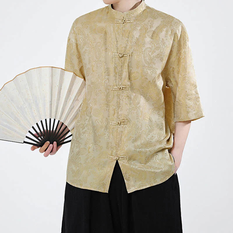 Buddha Stones Summer Frog-Button Half Sleeve Vine Leaf Flower Pattern Men's Shirt