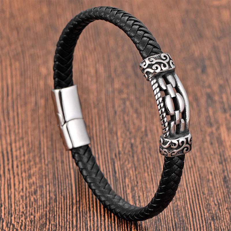 Buddha Stones Chain Link Design Titanium Steel Multi-layer Leather Balance Braided Bracelet