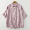 Buddha Stones Casual Plain Buttons Women's Cotton Linen Half Sleeve Shirt