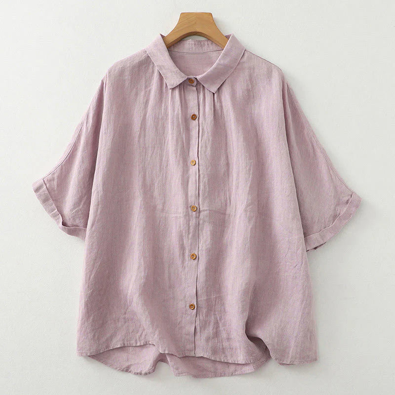 Buddha Stones Casual Plain Buttons Women's Cotton Linen Half Sleeve Shirt