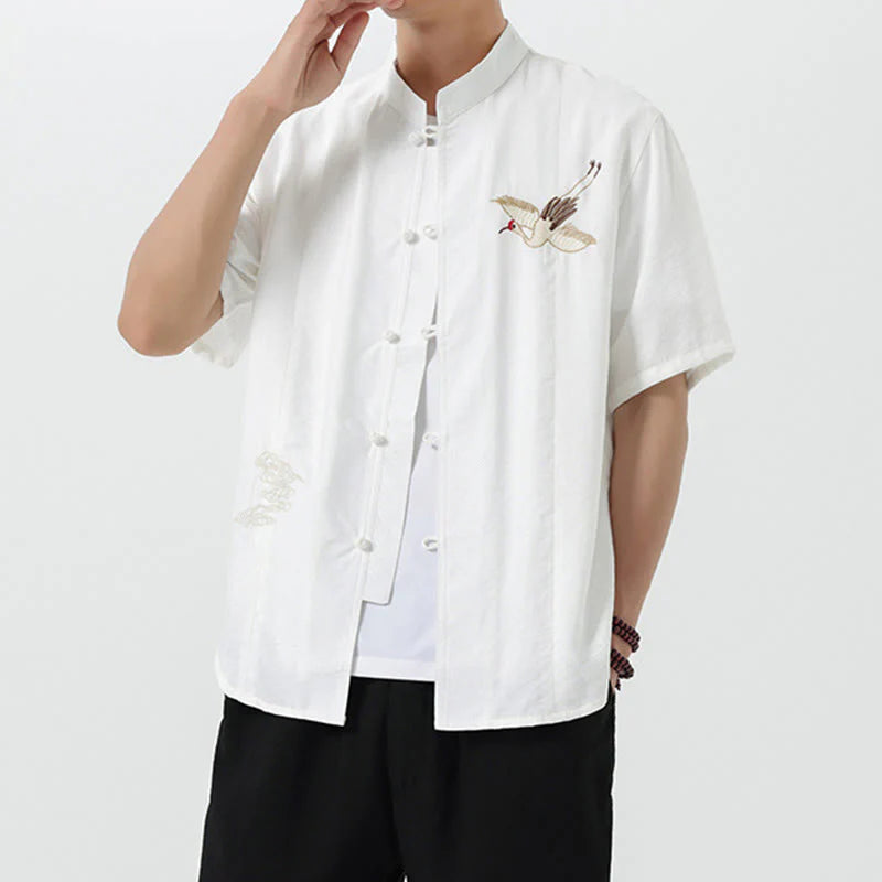 Buddha Stones Embroidery Buttons Half Sleeve Design Stand Collar Men's Cotton Shirt