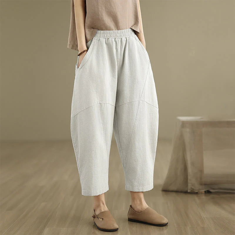 Buddha Stones Spring 7-8 Length Solid Color Women's Cotton Linen Harem Pants With Pockets