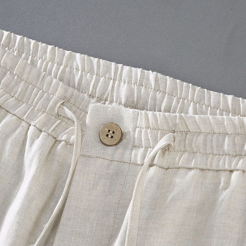 Buddha Stones Summer Solid Color Drawstring Button Design Men's Linen Shorts With Pockets