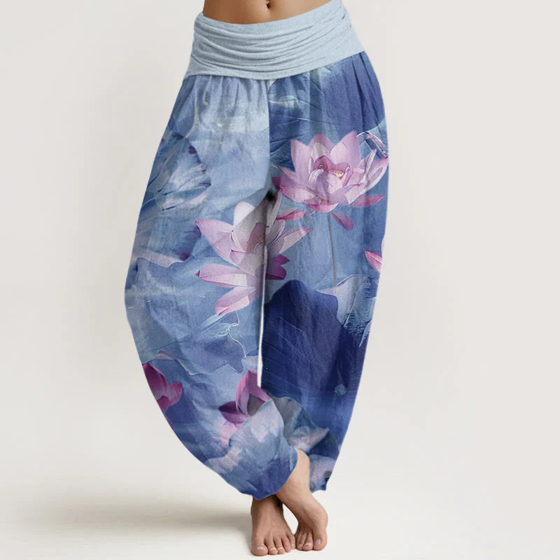 Buddha Stones Cotton Casual Lotus Petal Pond Pattern Women's Elastic Waist Harem Pants