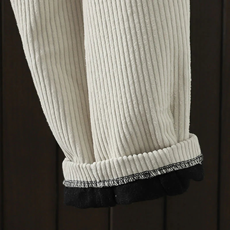 Buddha Stones Women's Winter Plain Corduroy Cotton High Waist Fleece-Lined Harem Pants With Pockets