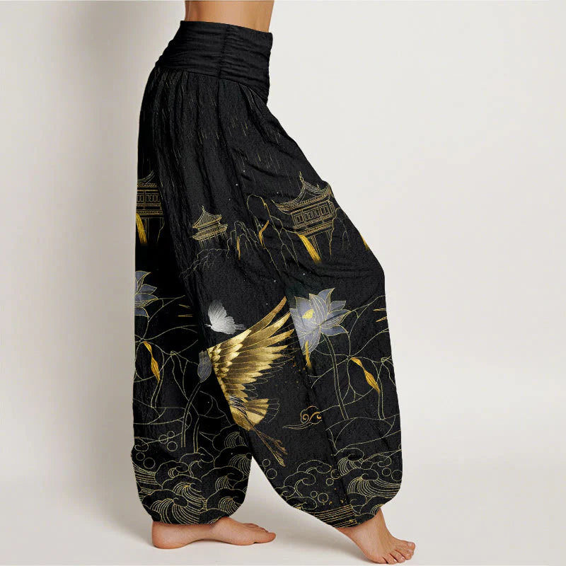 Buddha Stones Cotton Crane Lotus Mountain Pavilion Pattern Women's Elastic Waist Harem Pants