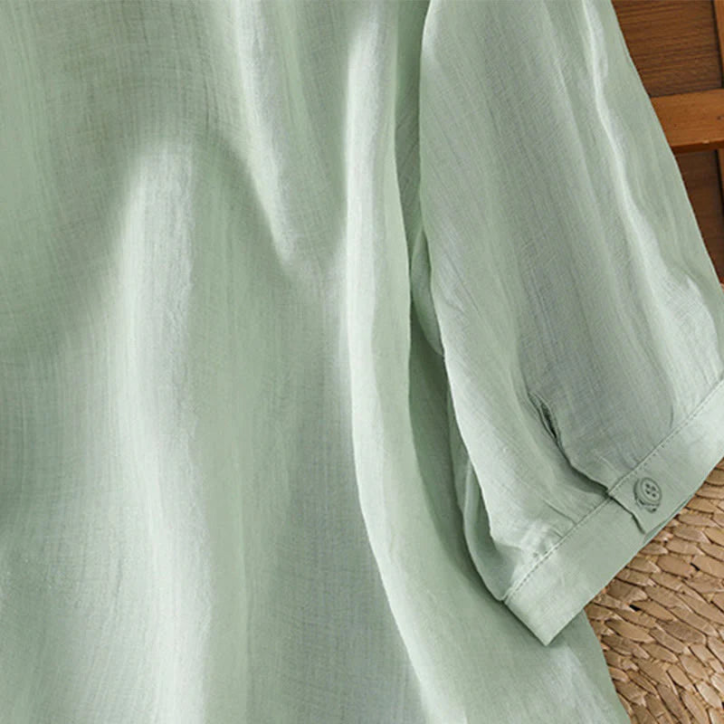 Buddha Stones Casual Plant Embroidery Stand Collar Women's Cotton Blend Three Quarter Sleeve Shirt