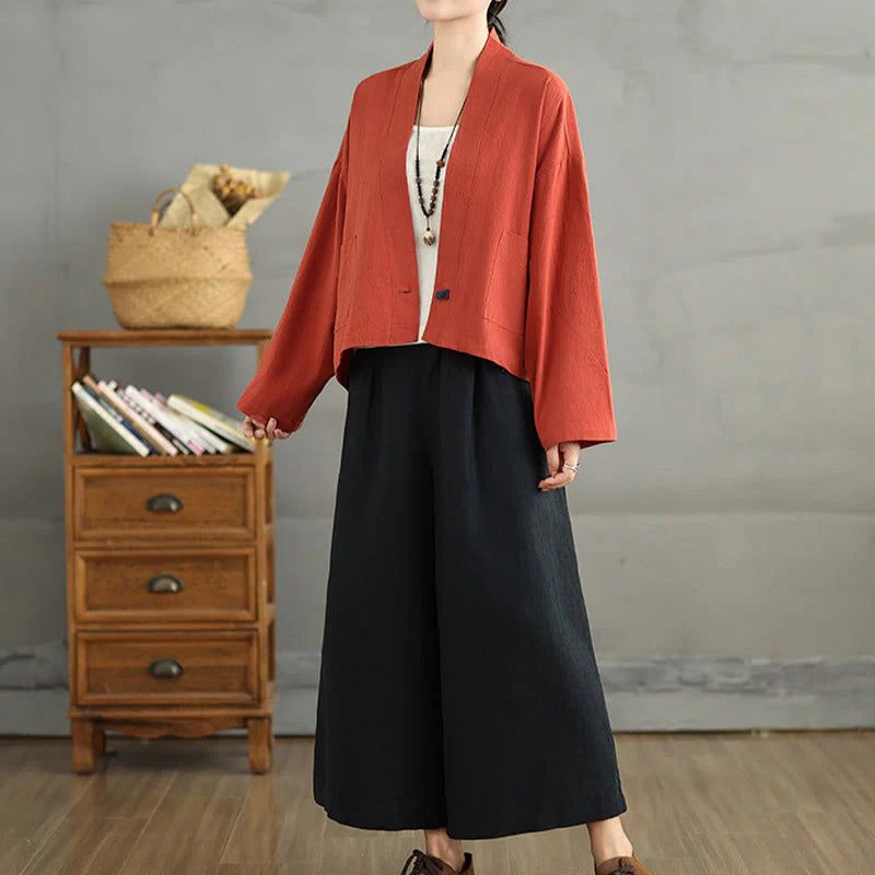 Buddha Stones Casual Vintage Plain Long Sleeve Open Front Cardigan Cotton Linen Jacket With Pockets
