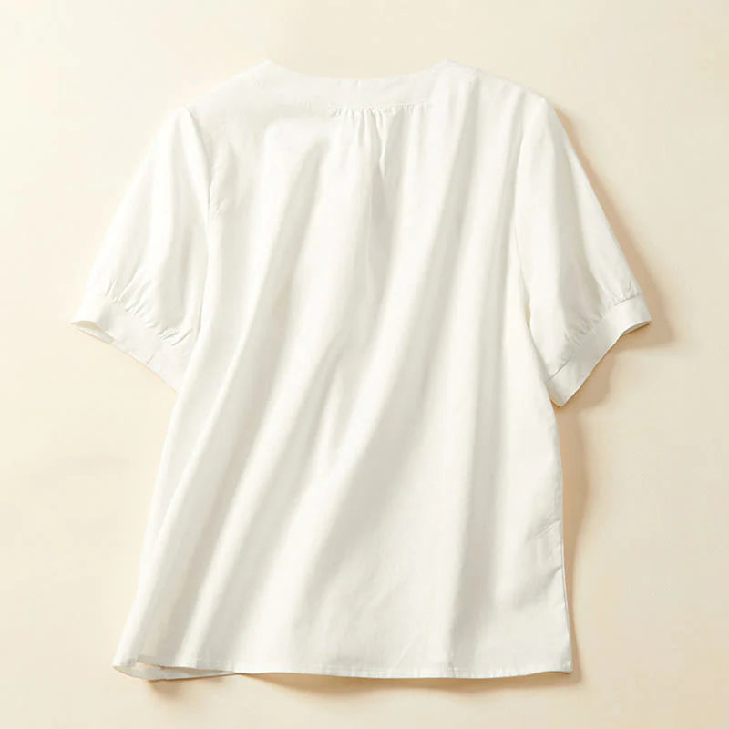 Buddha Stones Casual Plain Button Women's Short Sleeve Cotton Linen T-shirt