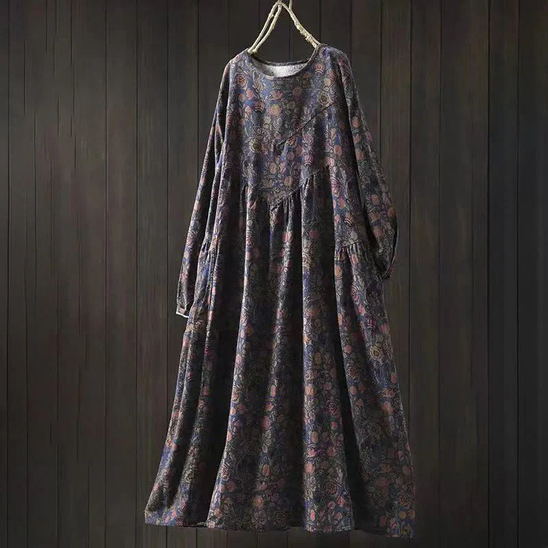 Buddha Stones Retro Floral Pattern A-line Design Long Sleeve Women's Cotton Maxi Dress