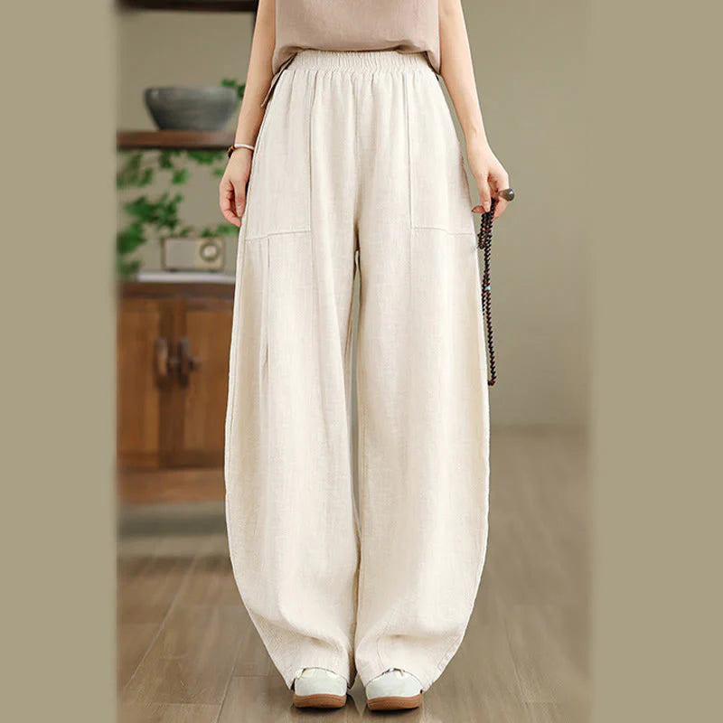 Buddha Stones Solid Color Cotton Linen Women's Straight Leg Pants With Pockets