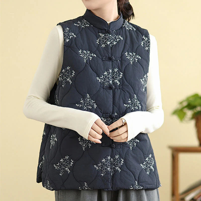 Buddha Stones Embroidered Frog-Button Women's Sleeveless Cotton Vest Waistcoat With Pockets