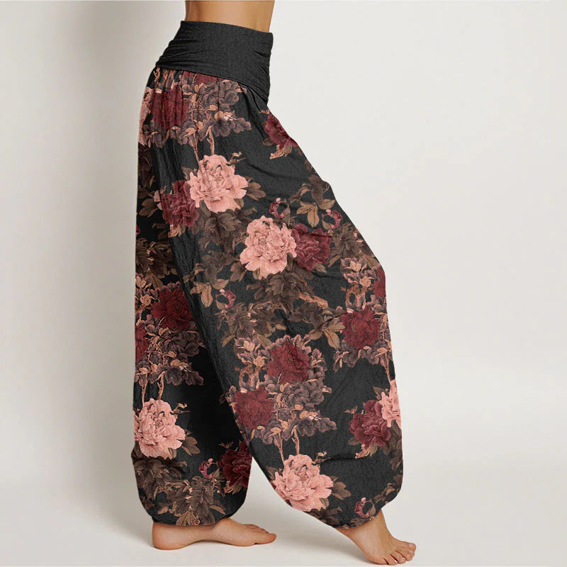 Buddha Stones Cotton Casual Lush Peony Flowers Leaf Pattern Women's Elastic Waist Harem Pants