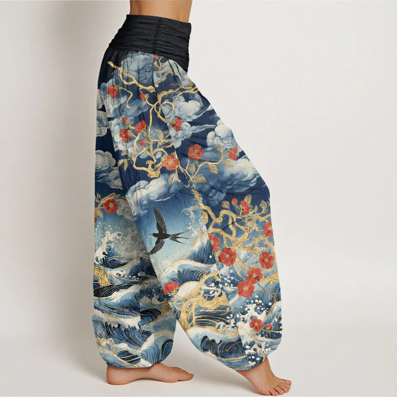 Buddha Stones Pure Cotton Auspicious Clouds Red Blossoms Swallow Ocean Waves Women's Elastic Waist Harem Pants