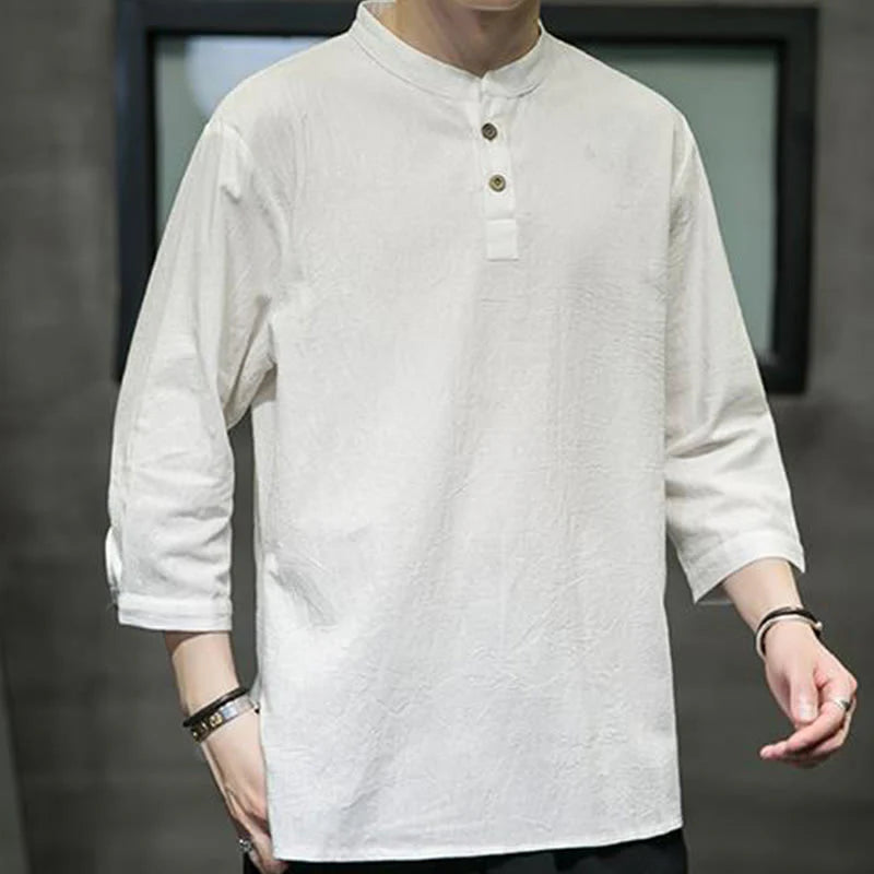Buddha Stones Vintage Causal Pure Color Stand Collar Men's Three Quarter Sleeve Cotton Linen Shirt