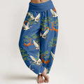 Buddha Stones Print Pine Tree Crane Pattern Pure Cotton Women's Elastic Waist Harem Pants