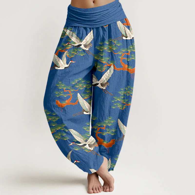 Buddha Stones Print Pine Tree Crane Pattern Pure Cotton Women's Elastic Waist Harem Pants
