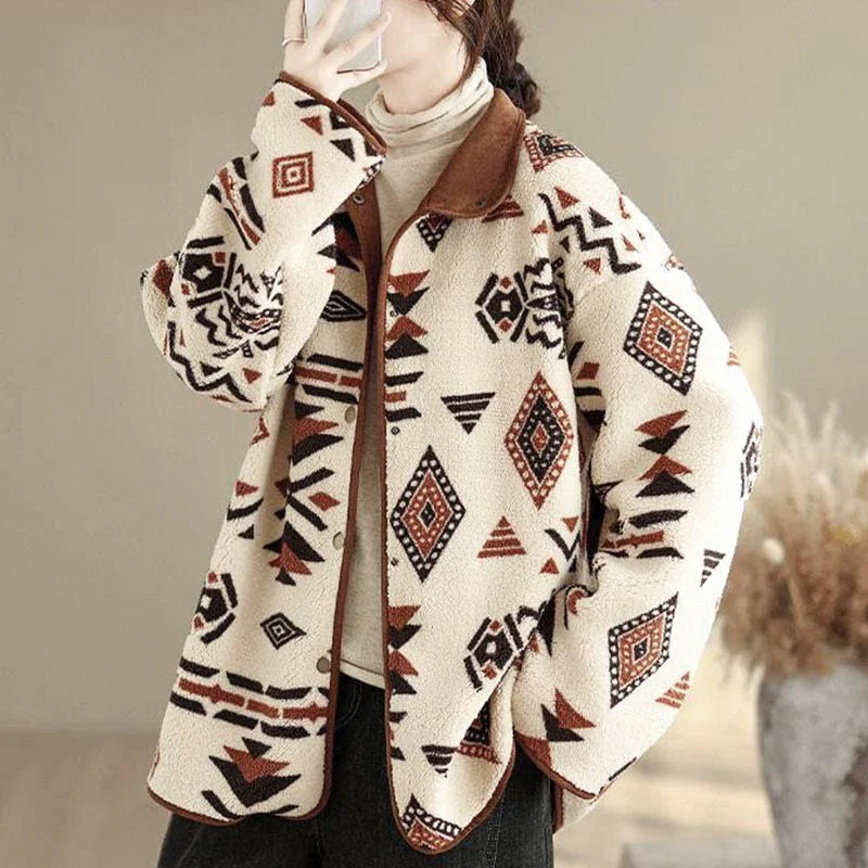 Buddha Stones Fall Winter Buttons Geometric Patterns Long Sleeve Cotton Women's Jacket