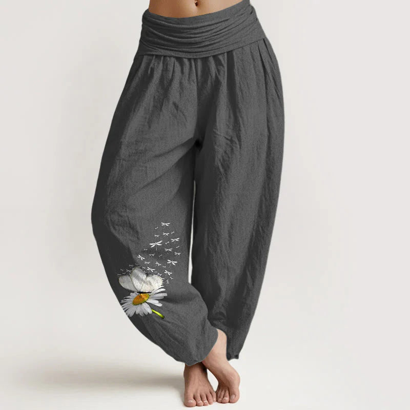 Buddha Stones Pure Cotton Elegant Daisy Butterfly Dragonfly Pattern Women's Elastic Waist Harem Pants
