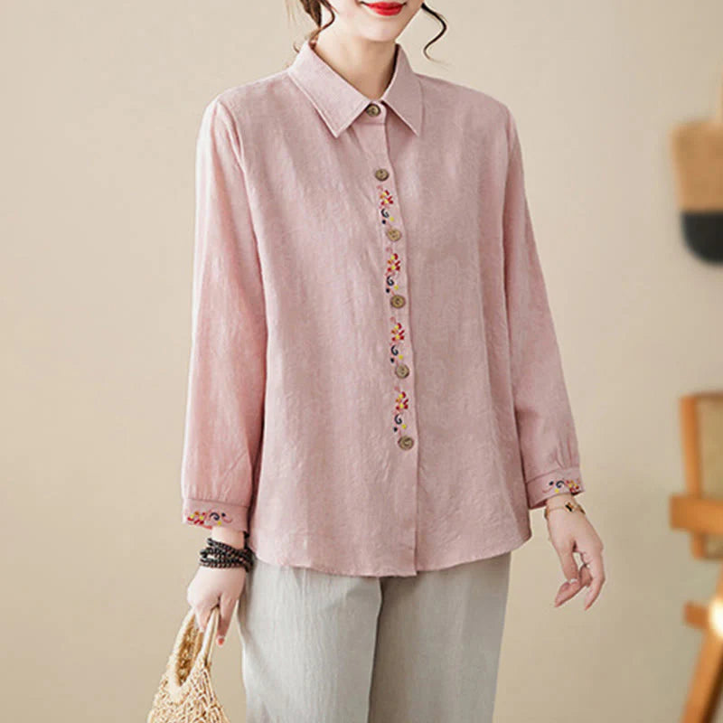 Buddha Stones Spring Plain Embroidered Flower Pattern Button Women's Long Sleeve Cotton Lapel Shirt