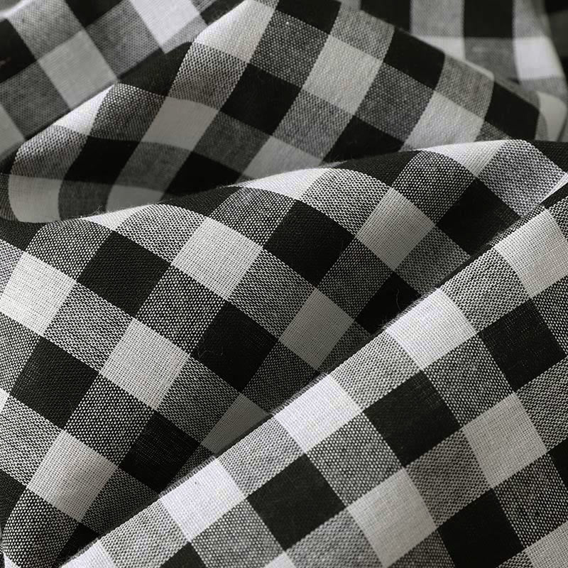 Buddha Stones Casual V-neck Short Sleeve Cotton Plaid Summer Midi Dress