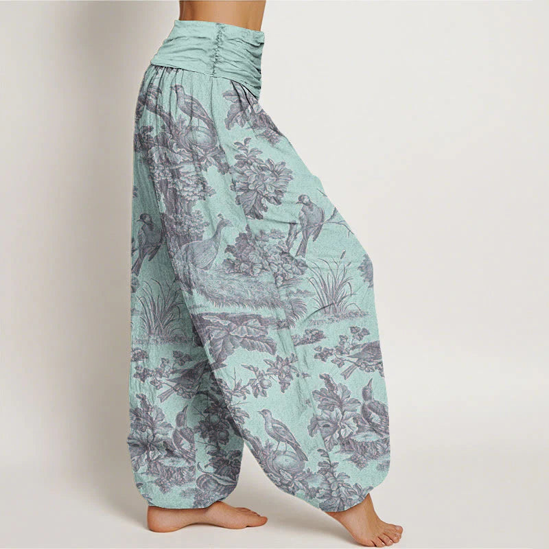 Buddha Stones Cotton Birds Trees Branches Pattern Women's Elastic Waist Harem Pants