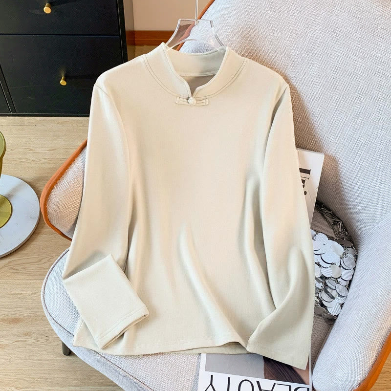 Buddha Stones Spring Solid Color Stand Collar Frog-button Design Women's Cotton Long Sleeve Shirt