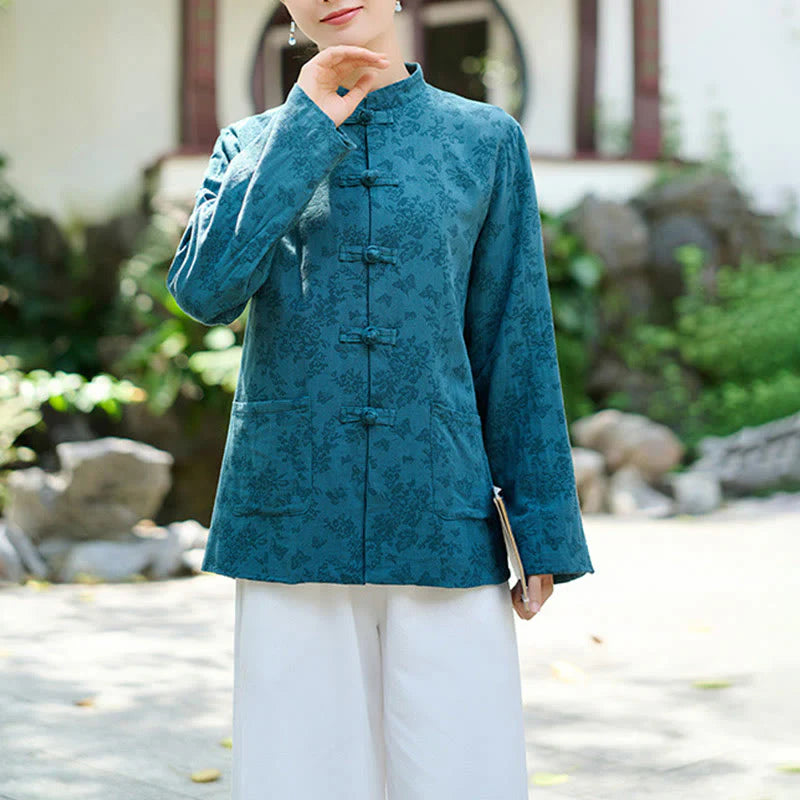 Buddha Stones Frog-Button Long Sleeve Cotton Jacquard Women's Shirt Pants With Pockets