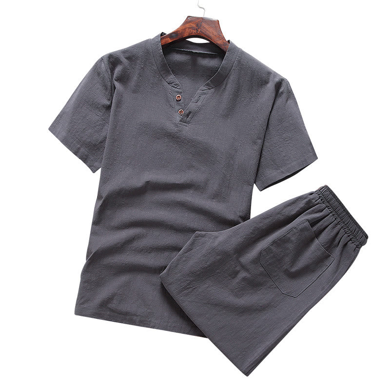 Buddha Stones Casual 2Pcs Plain Sleeve T-Shirt Shorts With Pockets Cotton Linen Men's Meditation Cloth Set