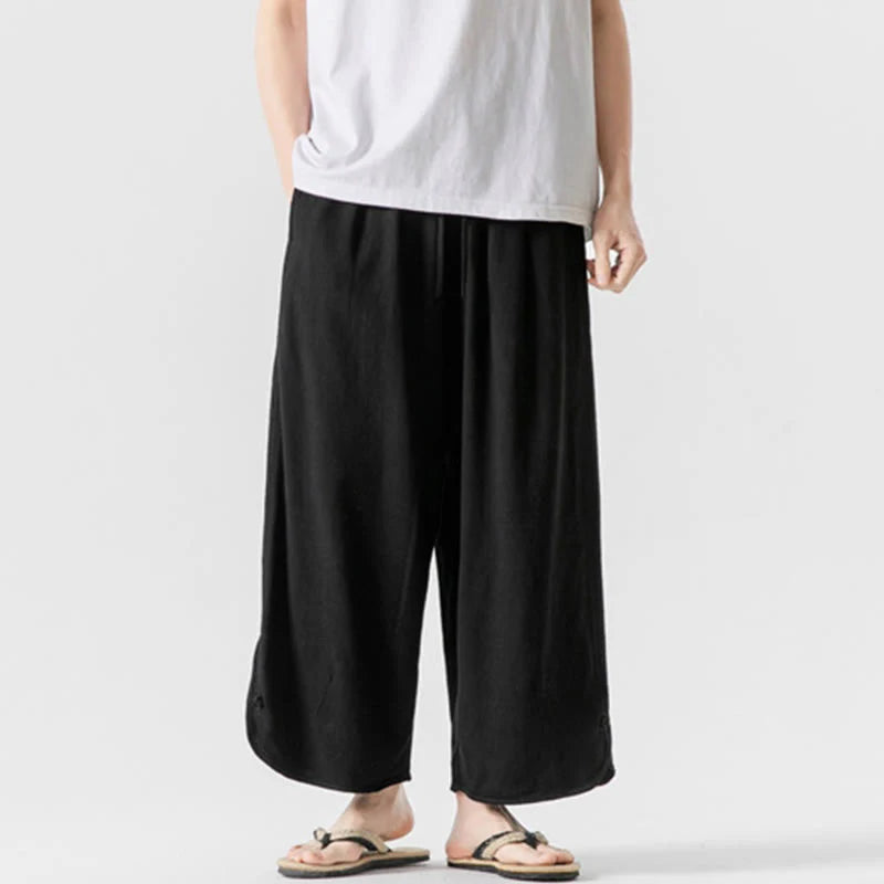 Buddha Stones Summer Plain Drawstring Design Linen Cotton Men's 7-8 Length Pants With Pockets