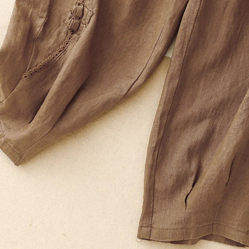 Buddha Stones Summer Frog-Button Lace High Waist Women's Cotton Linen Pants With Pockets