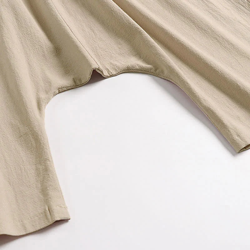 Buddha Stones Plain Drop Crotch Design Cotton Linen Men's Harem 7-8 Length Pants