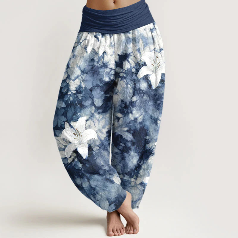 Buddha Stones Pure Cotton Watercolor Style Lily Pattern Women's Elastic Waist Harem Pants